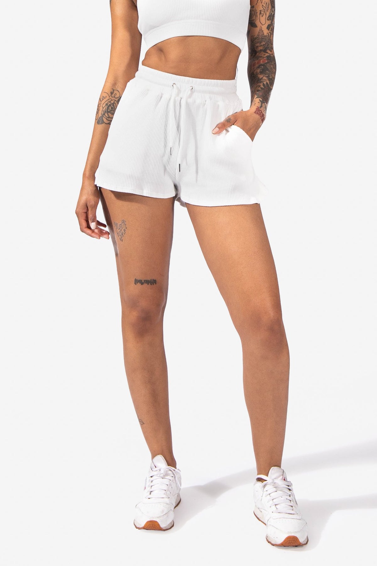 Ribbed Flowy Summer Shorts With Pockets - White Women's shorts Jed North 