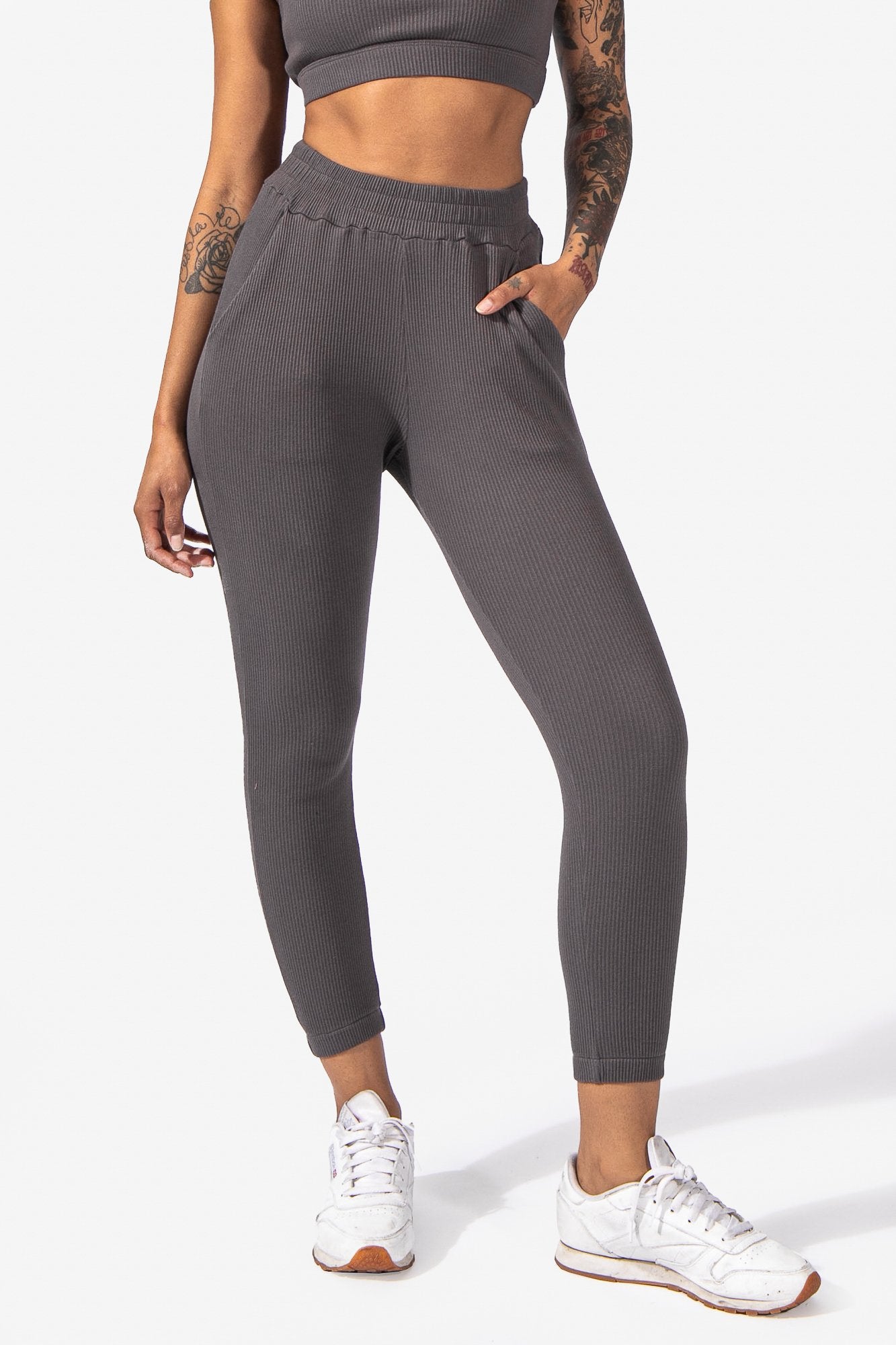 Ribbed Lounge Joggers with Pockets - Dark Gray Women's Joggers Jed North 