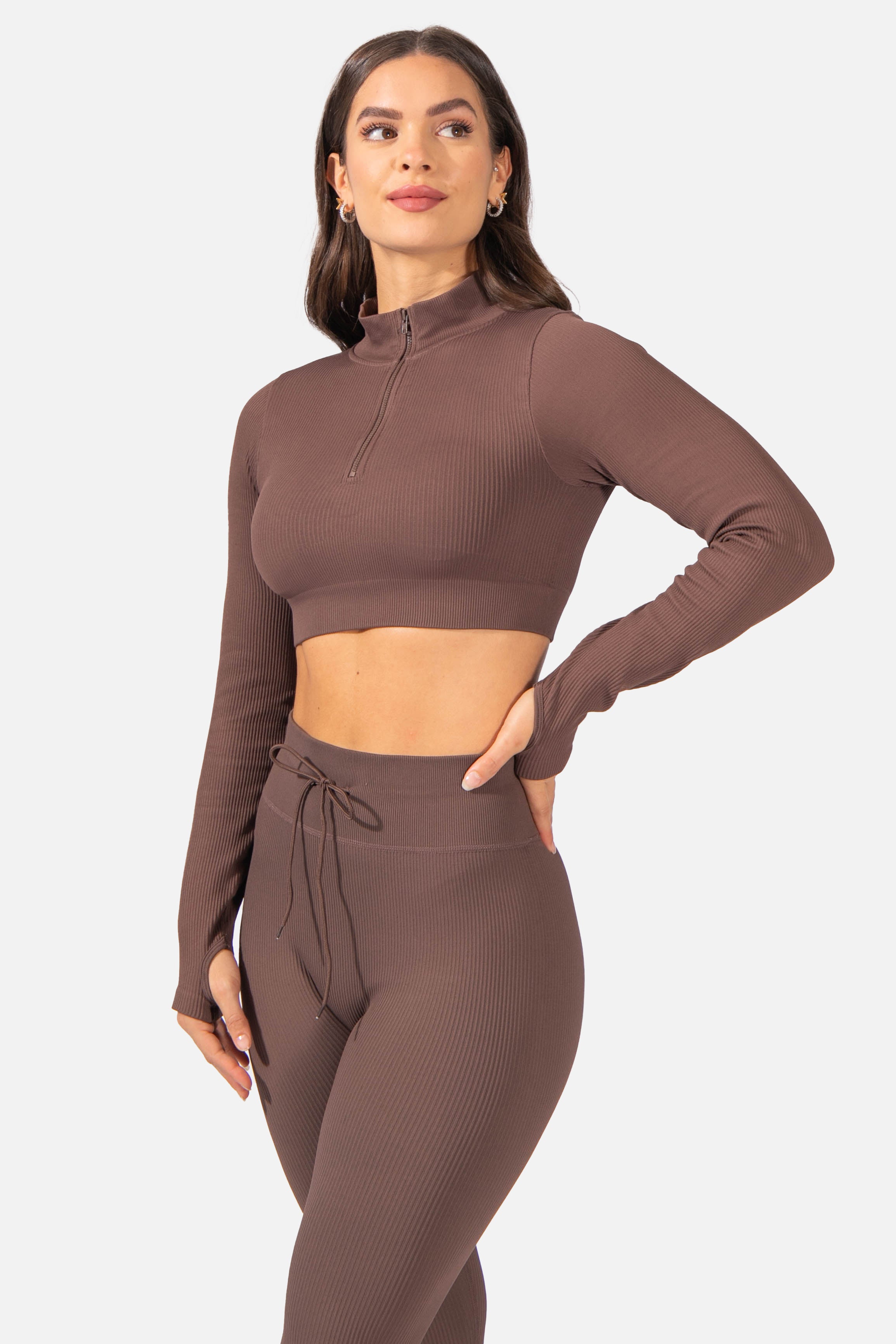 Ribbed Zip-Up Workout Long Sleeve Crop Top - Brown JNW-LON Jed North 
