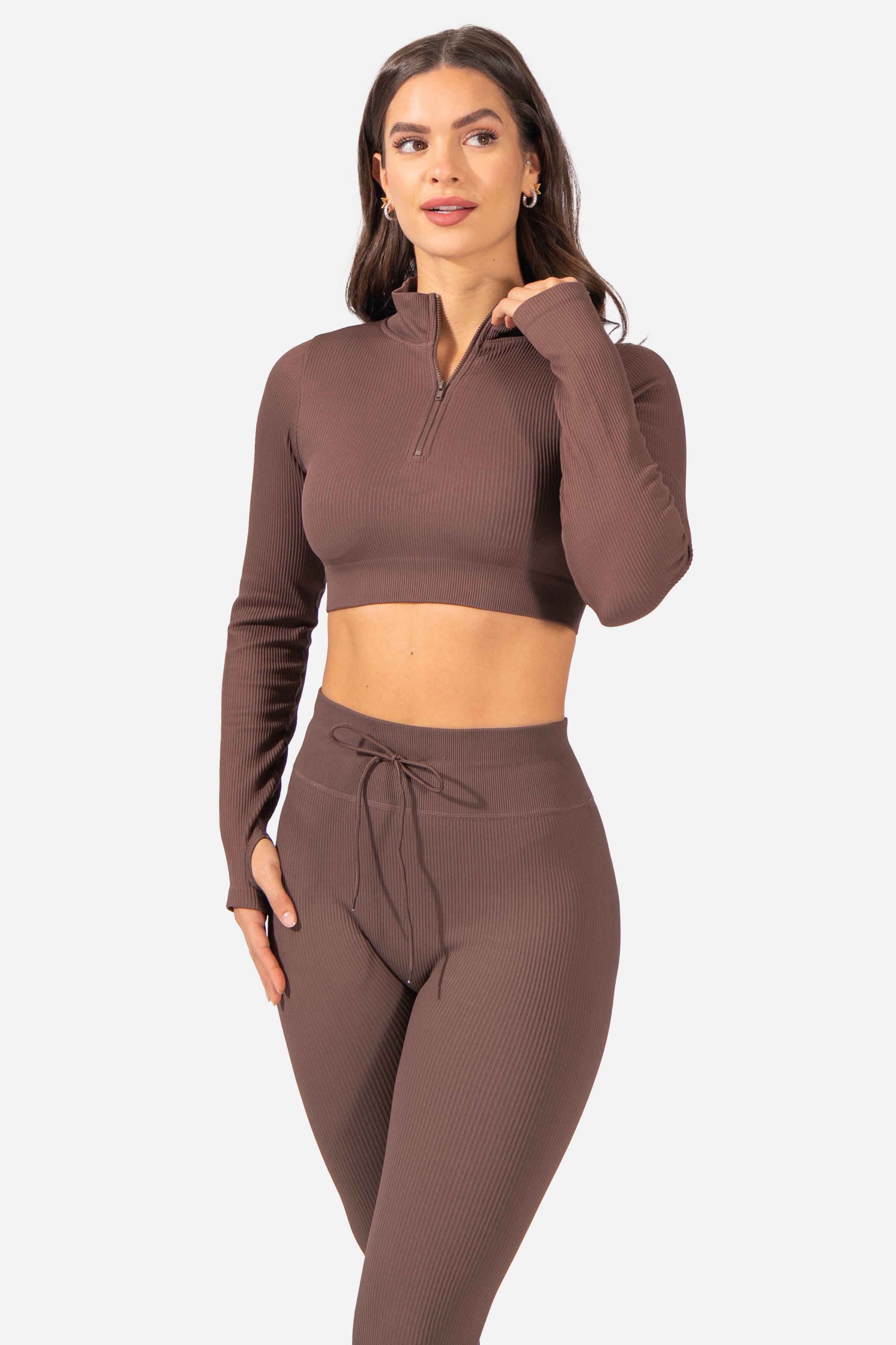 Ribbed Zip-Up Workout Long Sleeve Crop Top - Brown Women's Crop Top Jed North 