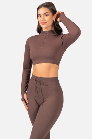 Ribbed Zip-Up Workout Long Sleeve Crop Top - Brown Women's Crop Top Jed North 