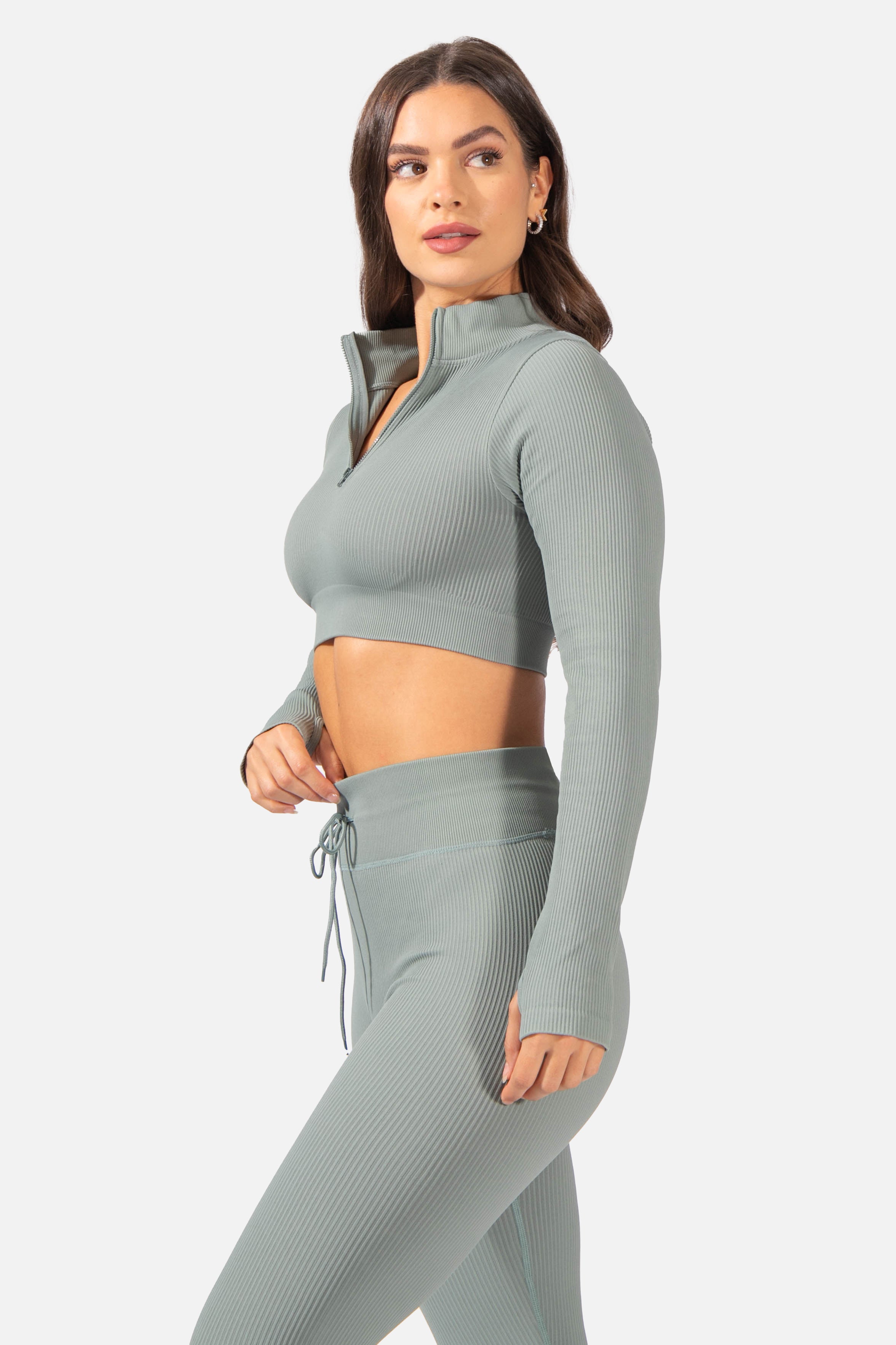 Ribbed Zip-Up Workout Long Sleeve Crop Top - Teal JNW-LON Jed North 