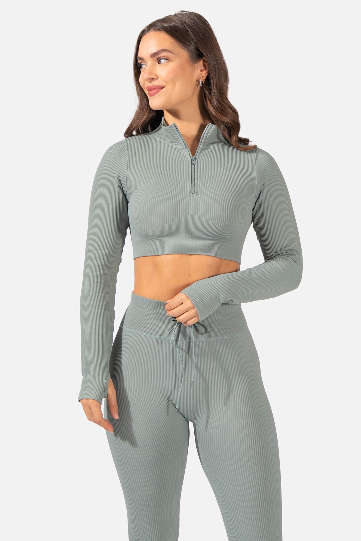 Ribbed Zip-Up Workout Long Sleeve Crop Top - Teal Women's Crop Top Jed North 