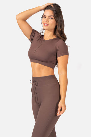 Ribbed Zip-Up Workout Short Sleeve Crop Top - Brown Women's Crop Top Jed North 