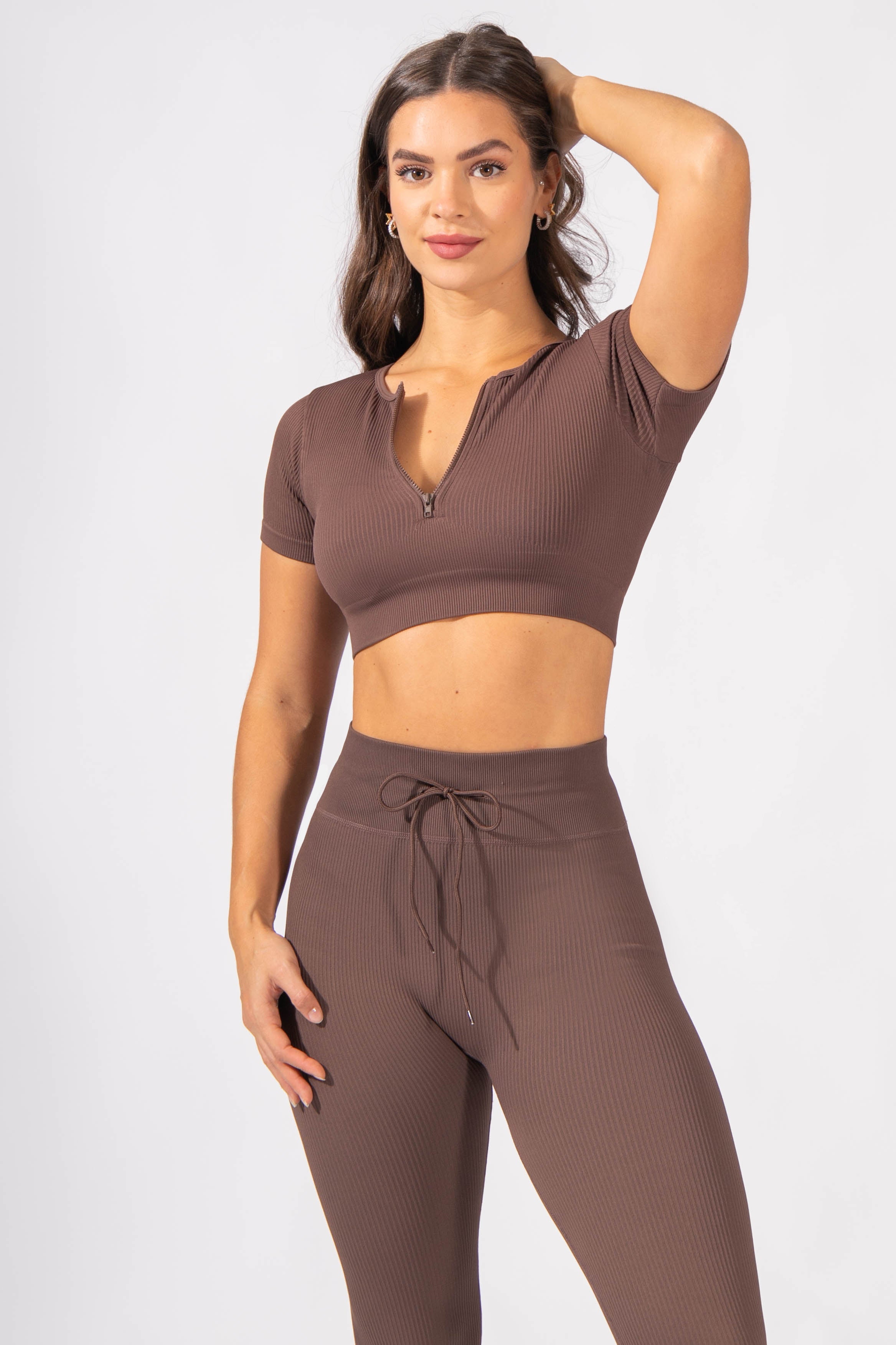 Ribbed Zip-Up Workout Short Sleeve Crop Top - Brown Women's Crop Top Jed North 