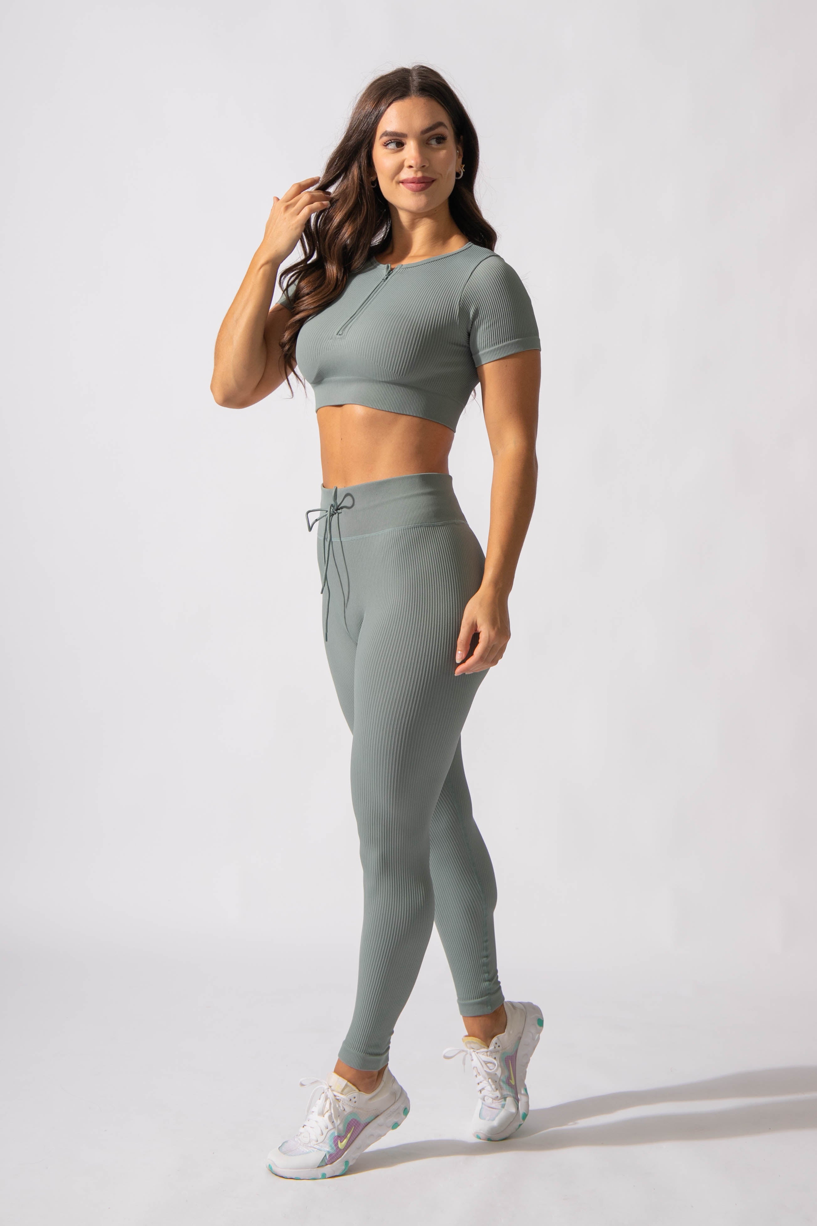 Ribbed Zip-Up Workout Short Sleeve Crop Top - Teal JNW-TSH Jed North 