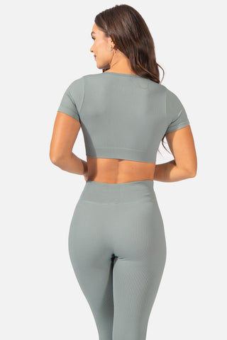 Ribbed Zip-Up Workout Short Sleeve Crop Top - Teal Women's Crop Top Jed North 