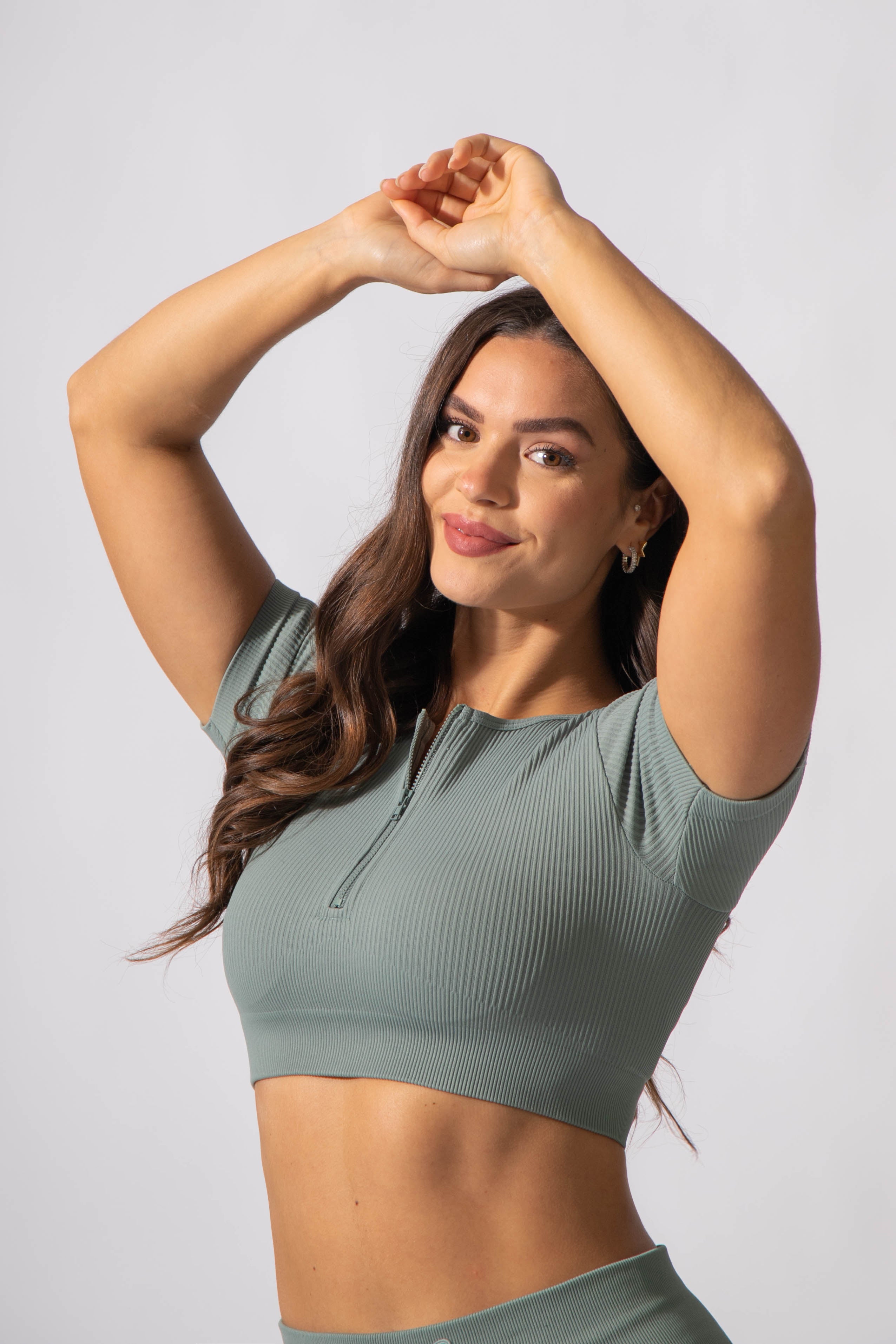 Ribbed Zip-Up Workout Short Sleeve Crop Top - Teal Women's Crop Top Jed North 