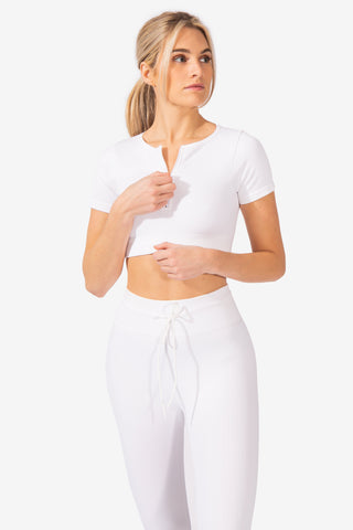 Ribbed Zip-Up Workout Short Sleeve Crop Top - White Women's Crop Top Jed North 