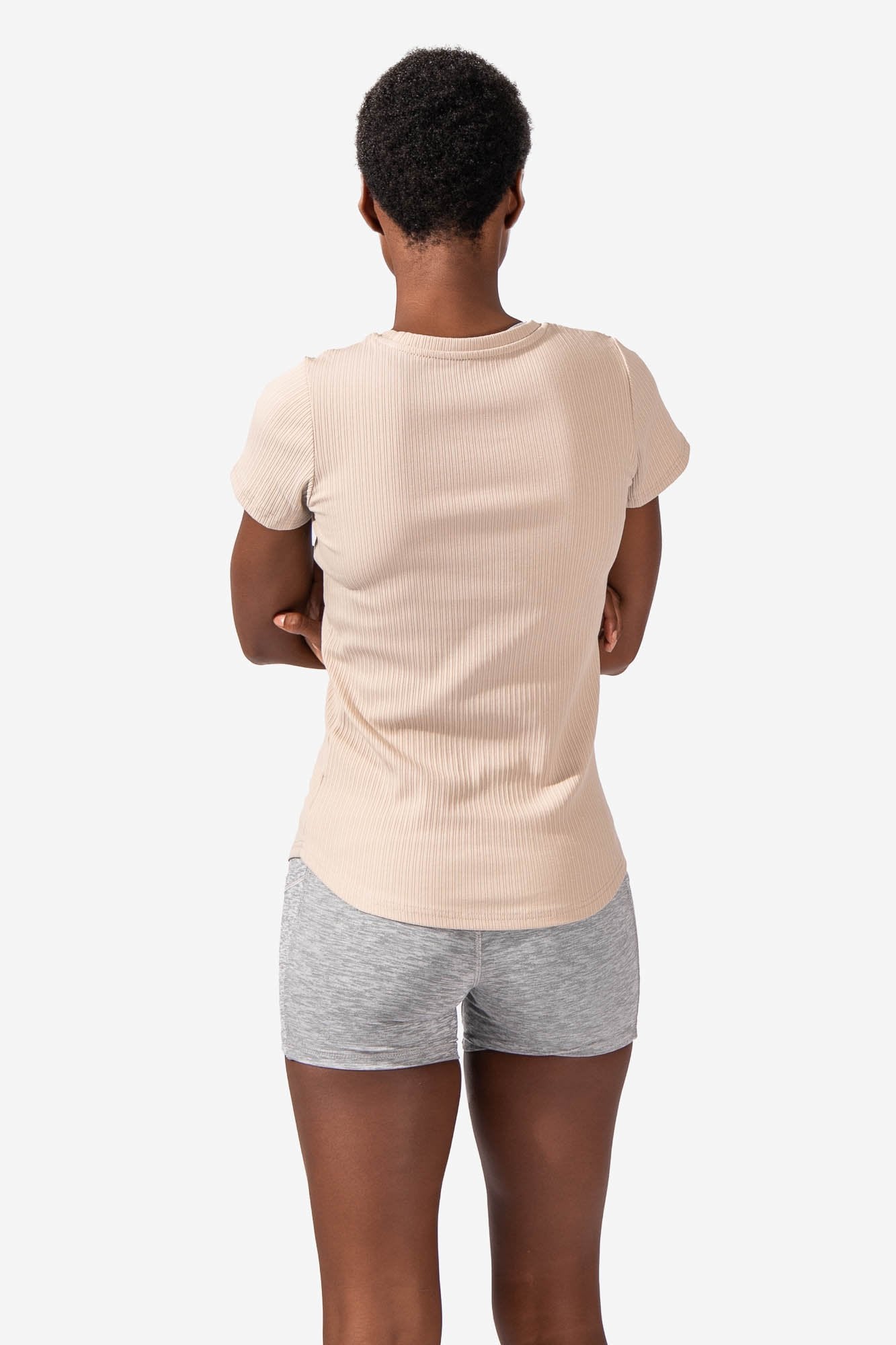 Round Neck Fitted Ribbed Full-Length Tee - Beige Women's Crop Top Jed North 