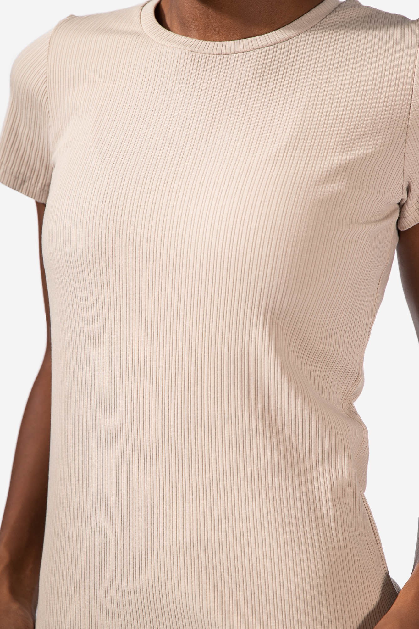 Round Neck Fitted Ribbed Full-Length Tee - Beige Women's Crop Top Jed North 
