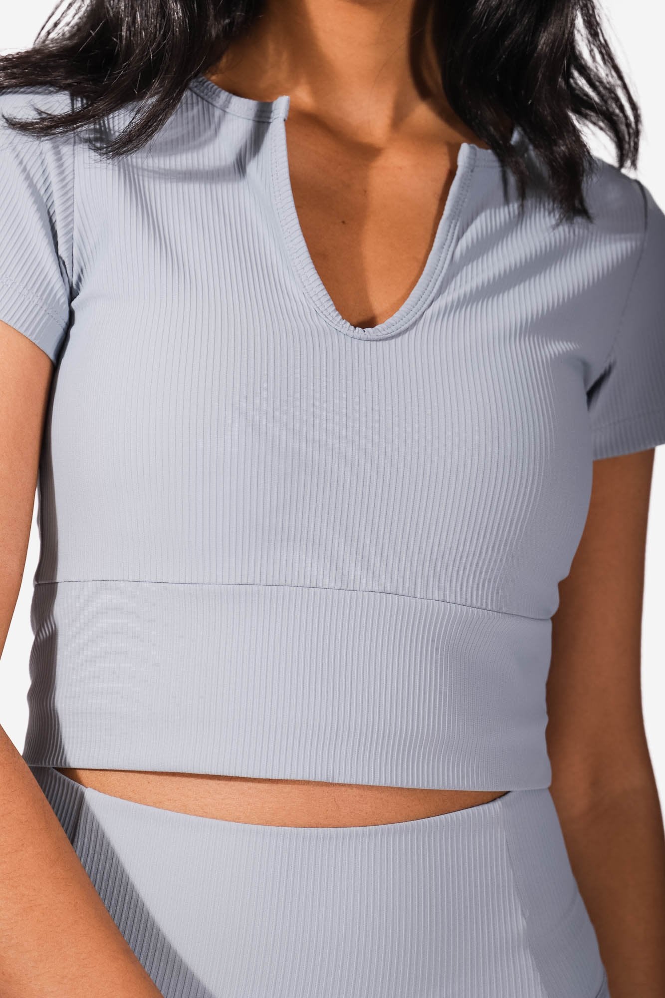 Short Sleeve Deep V-Neck Ribbed Crop Top - Blue Women's Crop Top Jed North 