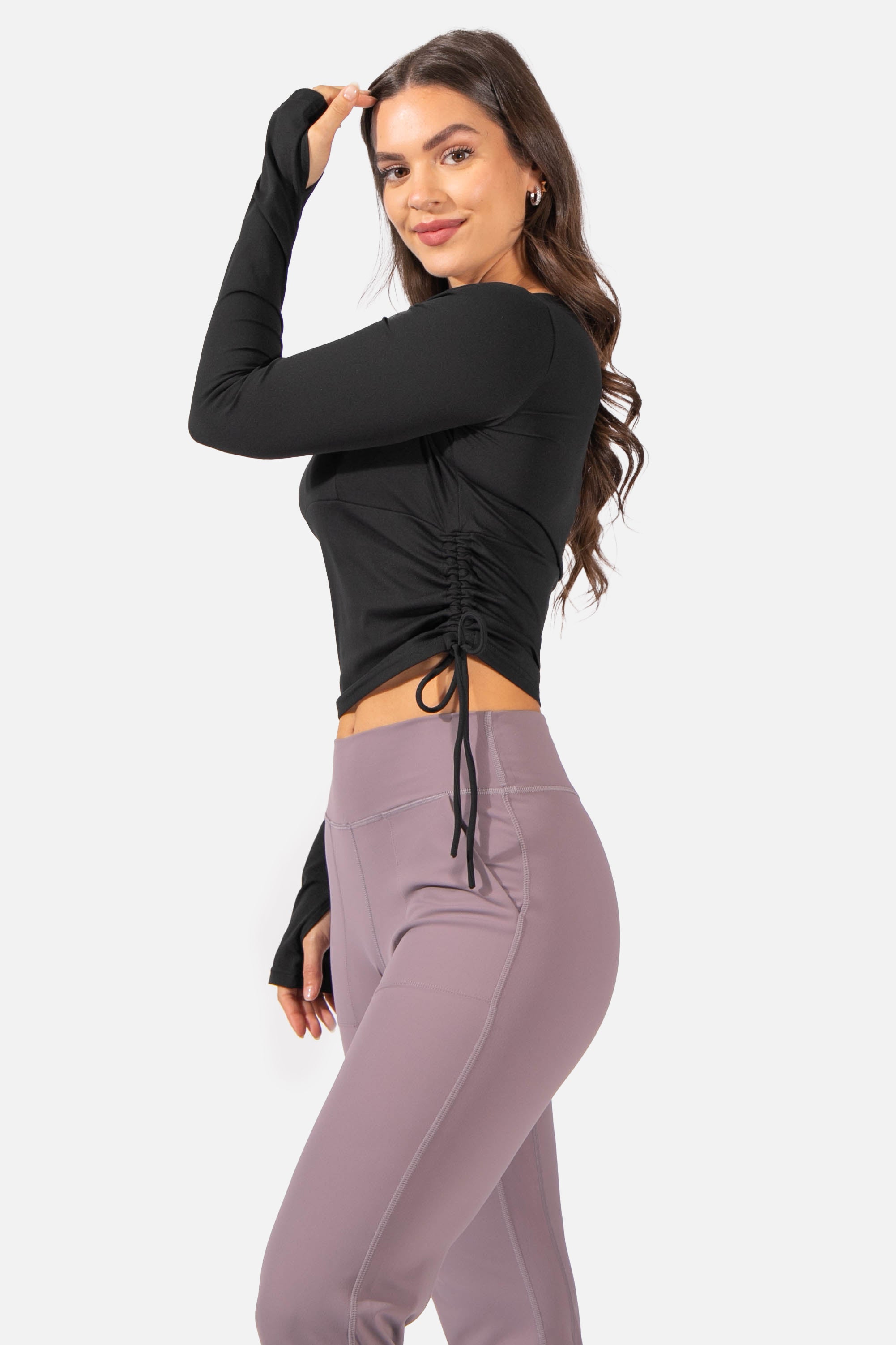 Side Ruched Workout Long Sleeve - Black Women's Crop Top Jed North 