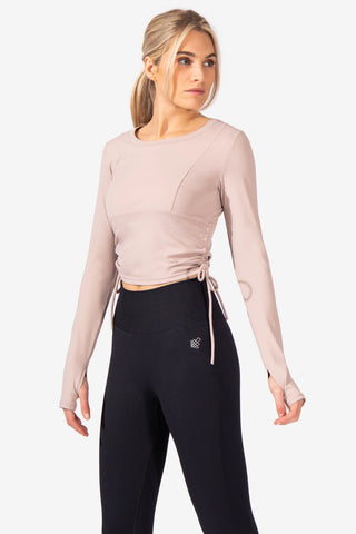 Side Ruched Workout Long Sleeve - Khaki Women's Crop Top Jed North 