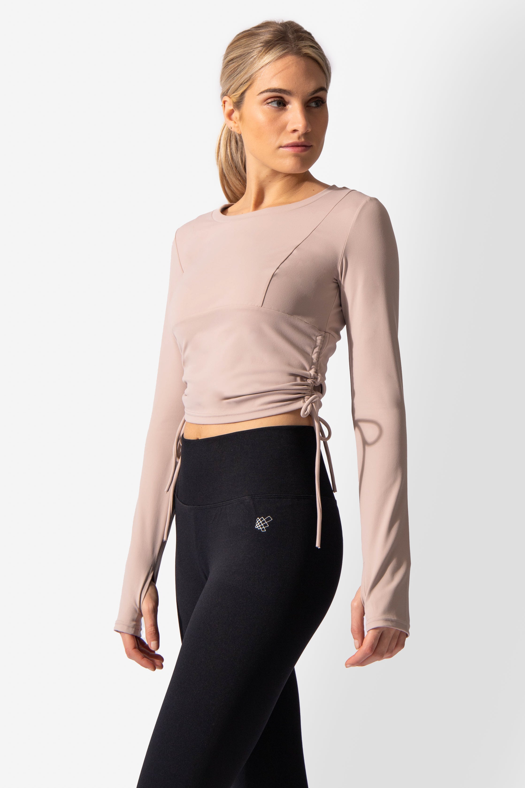 Side Ruched Workout Long Sleeve - Khaki Women's Crop Top Jed North 